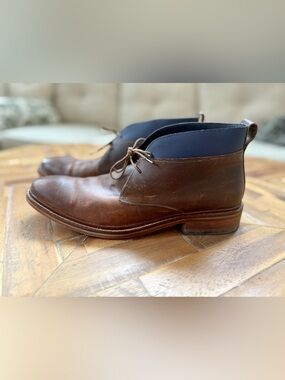 Cole Haan Brown Leather Chukka Boots with Navy Collar Detail
